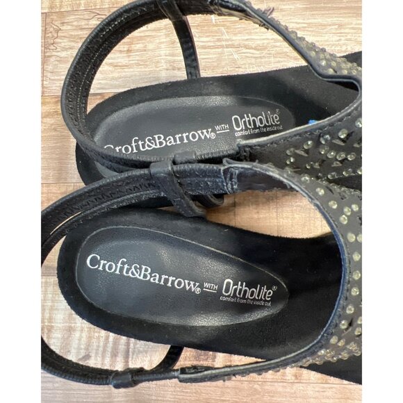 Womens Croft & Barrow Ortholite Rhinestone Black Sandals Wedge Heel 8 - Picture 3 of 5